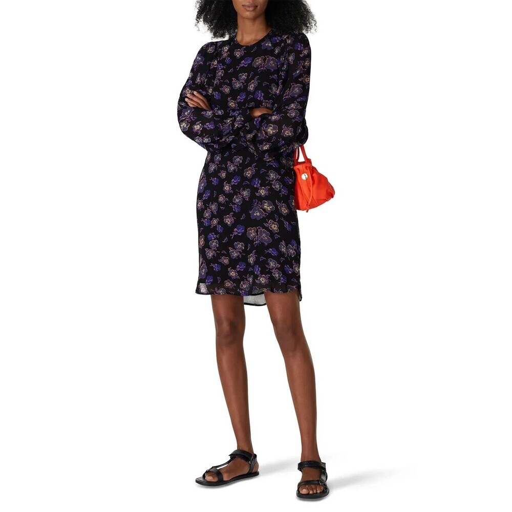 Ganni Women's Black Floral Georgette Mini Long Sleeve Dress Size US Small 4 / 36